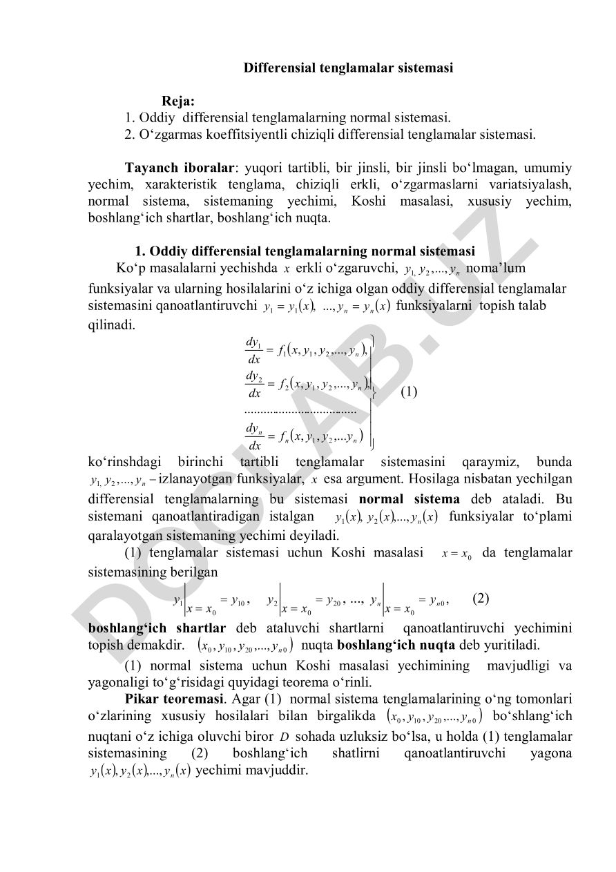 Oddiy differensial tenglamalarning normal sistemasi va o'zgarmas koeffitsiyentli chiziqli sistemalar
