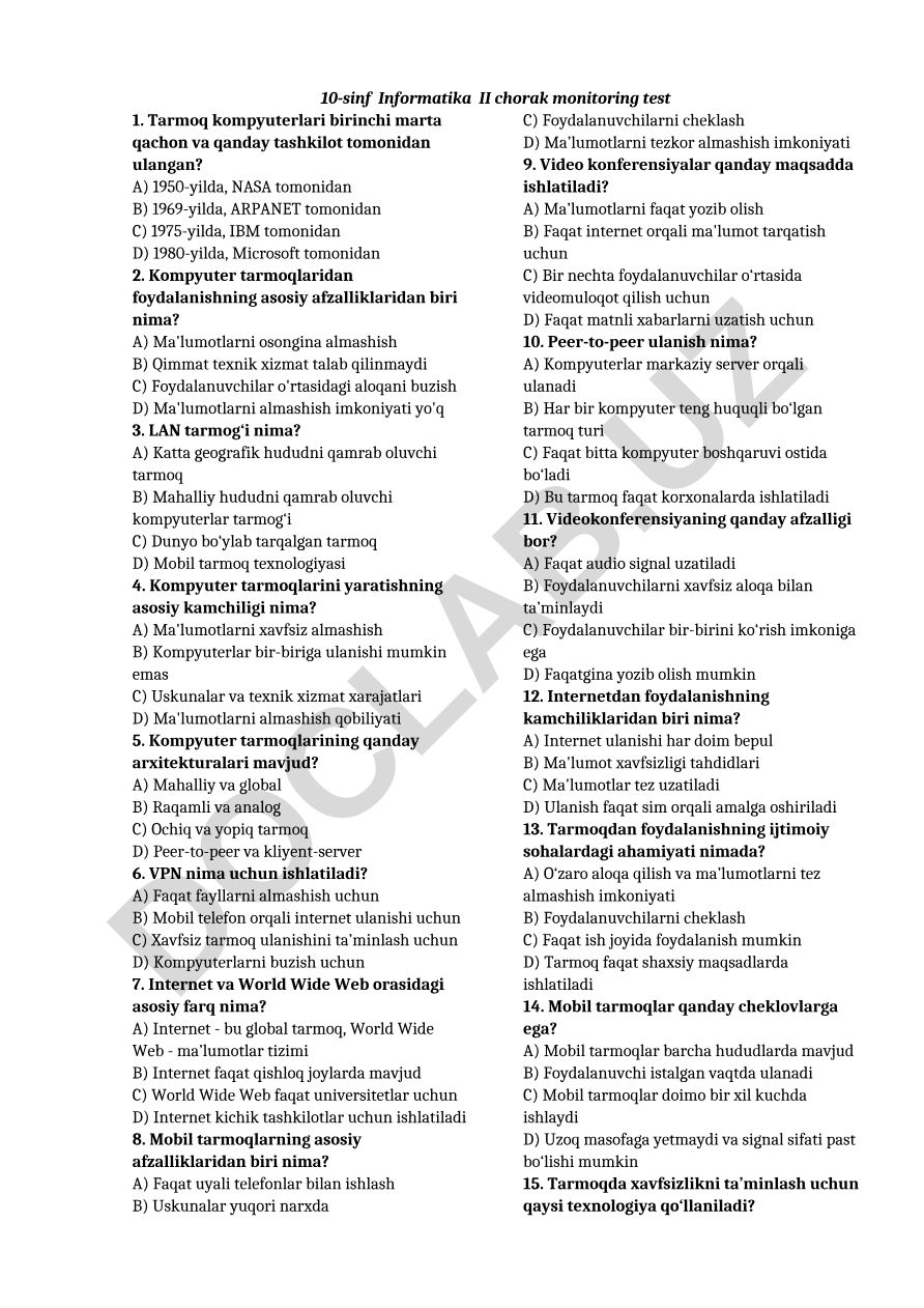 10-sinf Informatika II chorak monitoring testi