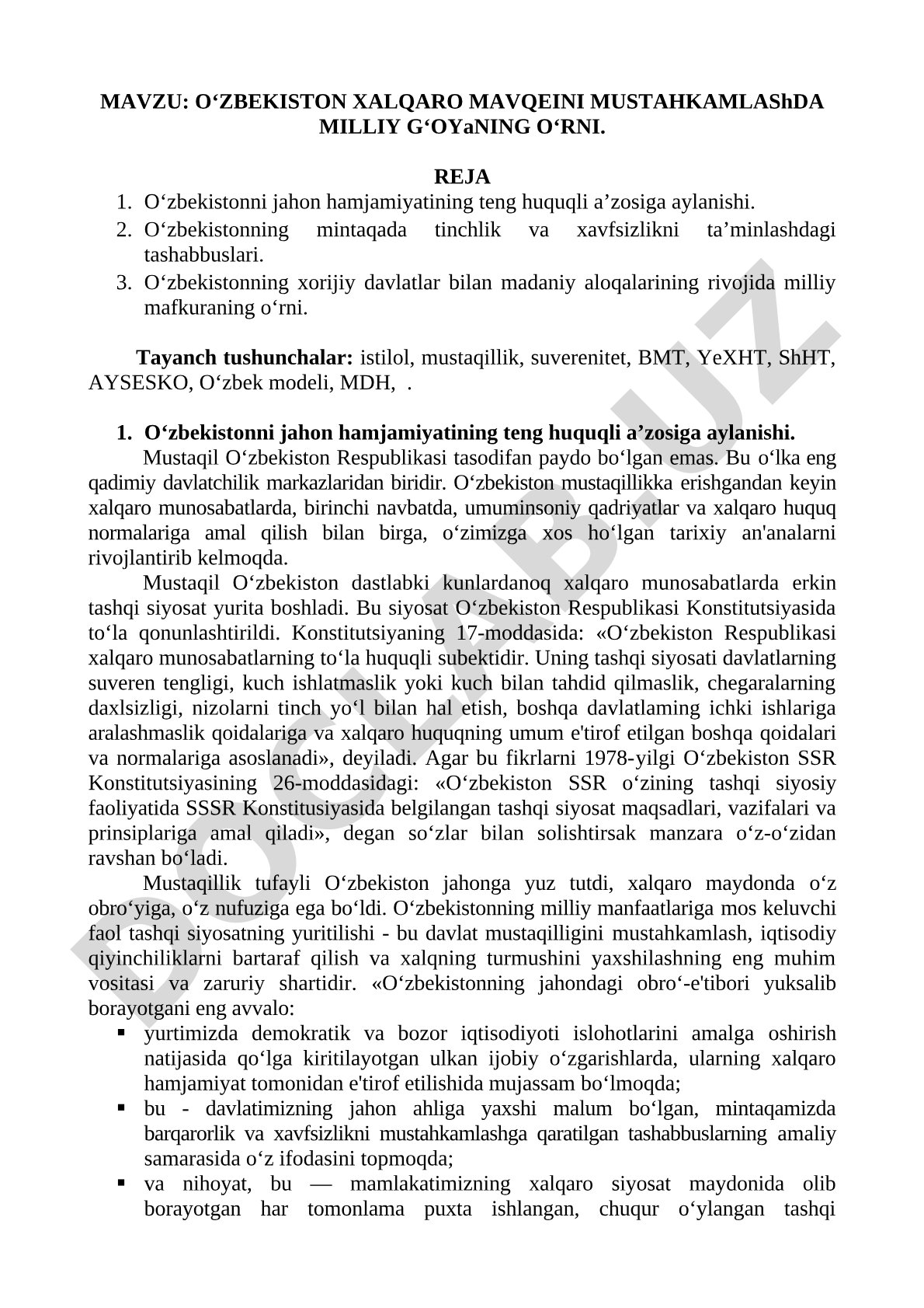 O‘zbekiston xalqaro mavqeini mustahkamlashda milliy g‘oyaning o‘rni