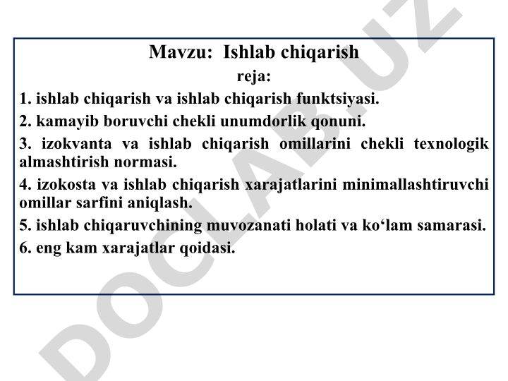 Ishlab chiqarish reja va ishlab chiqarish funktsiyasi