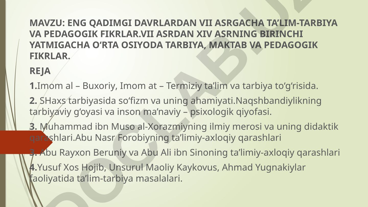 ENG QADIMGI DAVRLARDAN VII ASRGACHA TA’LIM-TARBIYA VA PEDAGOGIK FIKRLAR. VII ASRDAN XIV ASRNING BIRINCHI YATMIGACHA O‘RTA OSIYODA TARBIYA, MAKTAB VA PEDAGOGIK FIKRLAR