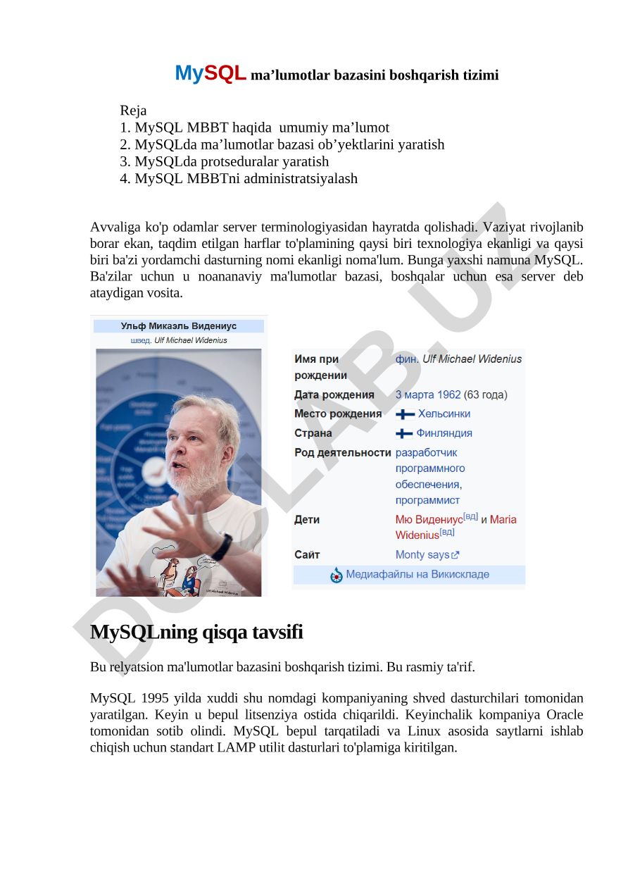 MySQL ma'lumotlar bazasini boshqarish tizimi