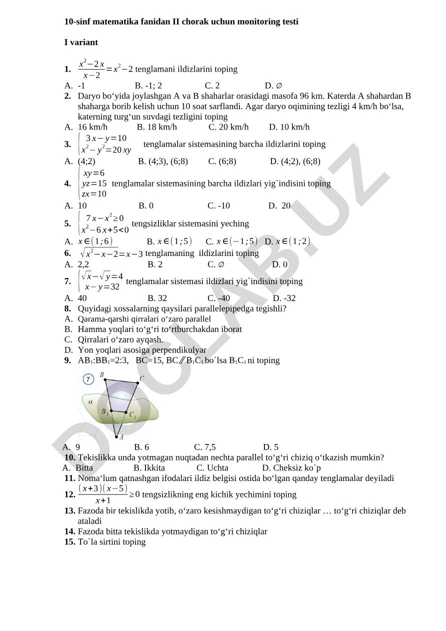 10-sinf matematika fanidan II chorak uchun monitoring testi