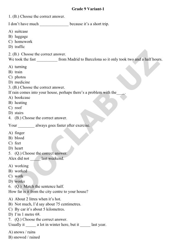 Grade 9 English Test Questions and Exercises