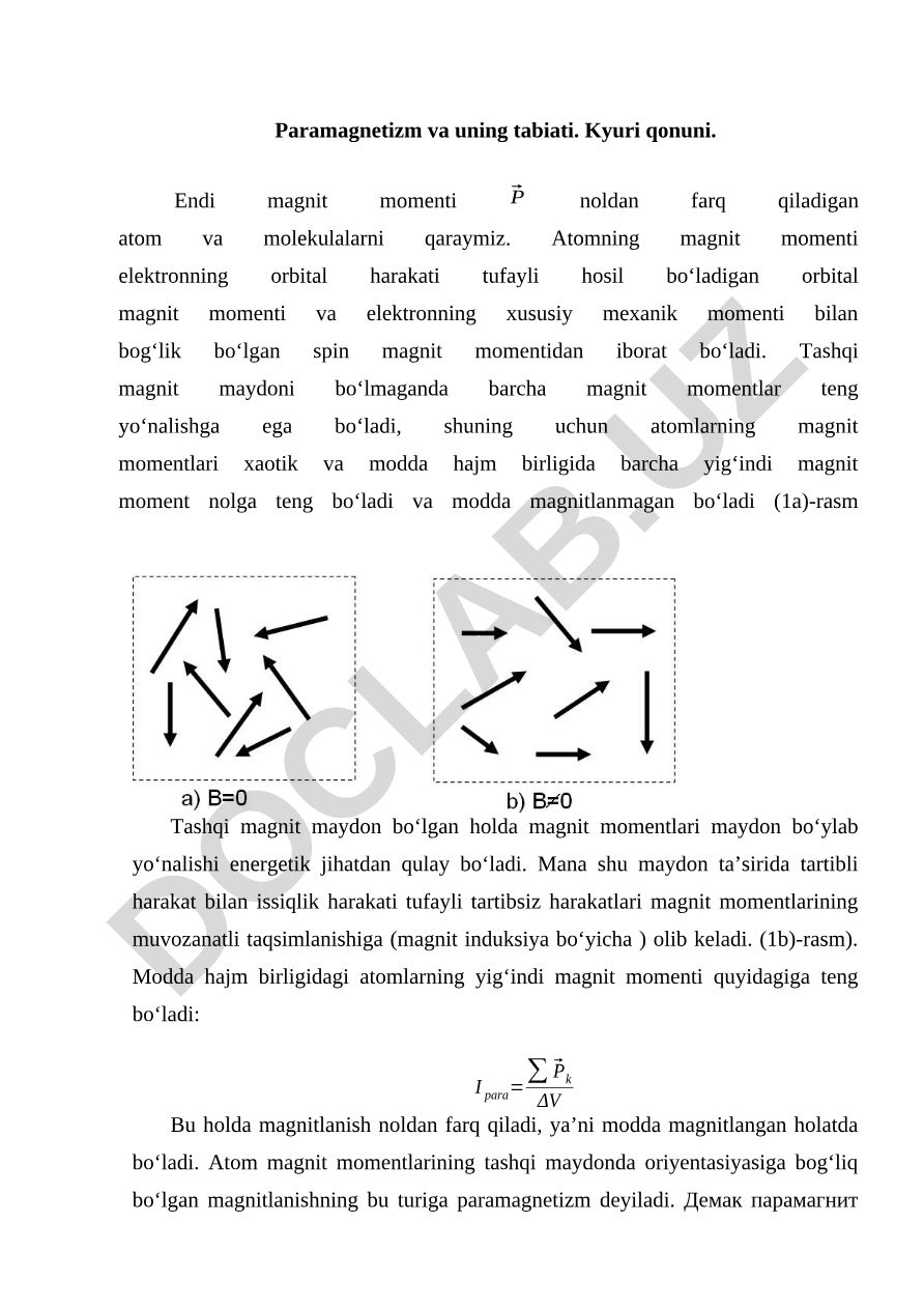 Paramagnetizm va uning tabiati. Kyuri qonuni