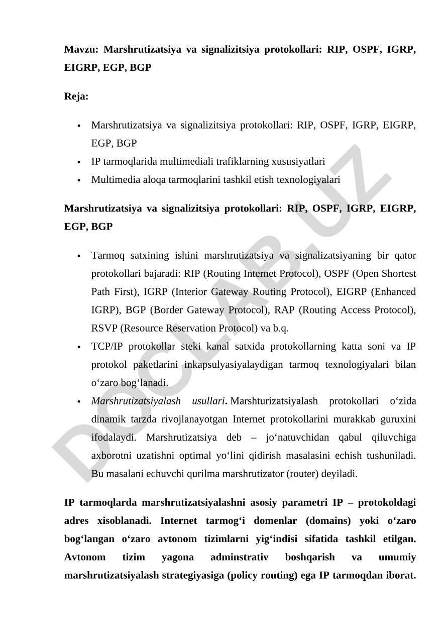 Marshrutizatsiya va signalizitsiya protokollari: RIP, OSPF, IGRP, EIGRP, EGP, BGP