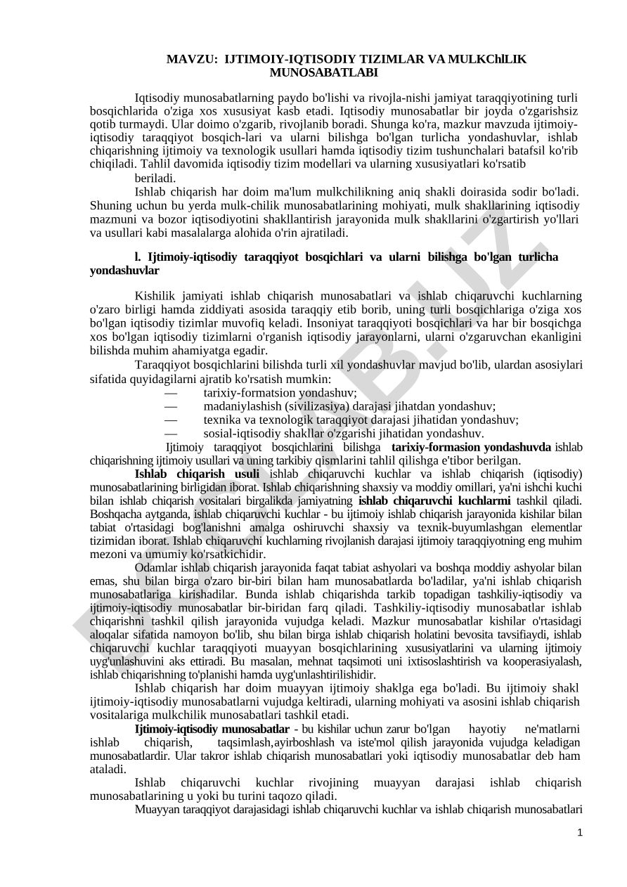 IJTIMOIY-IQTISODIY TIZIMLAR VA MULKCHILIK MUNOSABATLARI