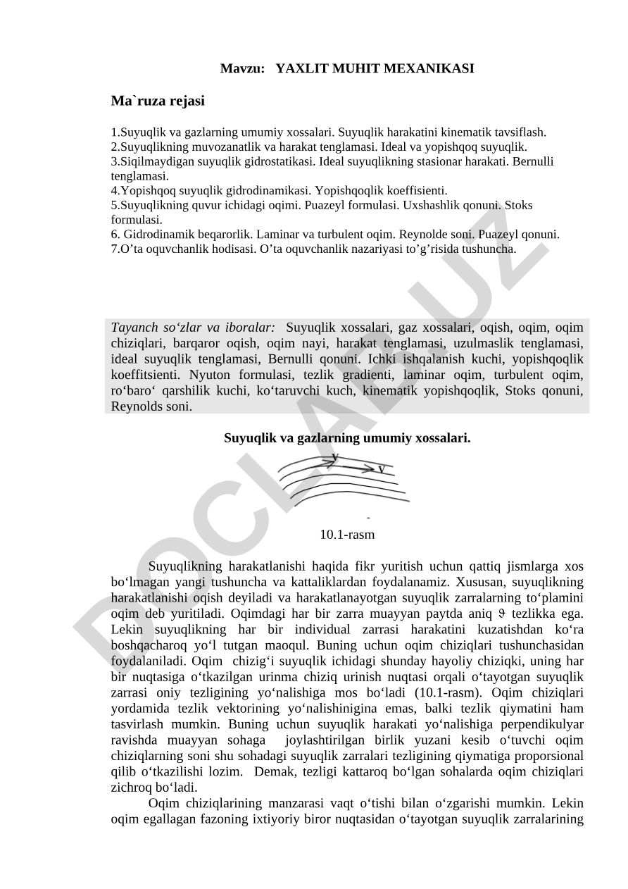 YAXLIT MUHIT MEXАNIKАSI Ma`ruza rejasi