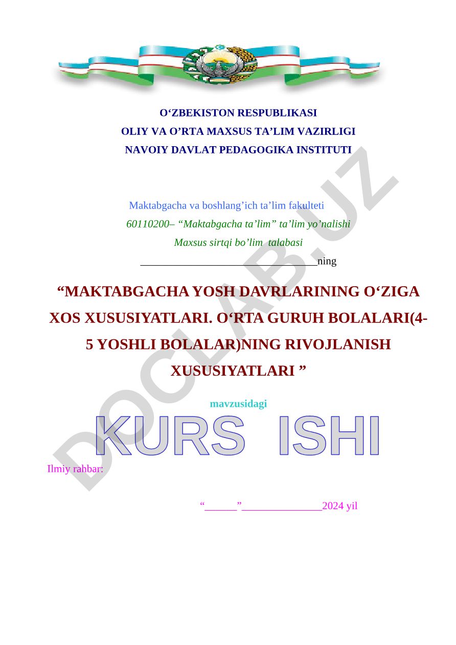 Maktabgacha yosh davrlarining o'zigaxos xususiyatlari. O'rta guruh bolalari(4-5 yoshli bolalar)ning rivojlanish xususiyatlari