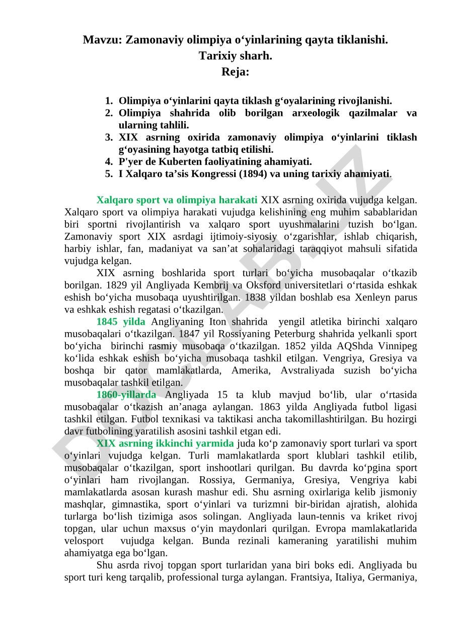 Zamonaviy olimpiya o‘yinlarining qayta tiklanishi. Tarixiy sharh
