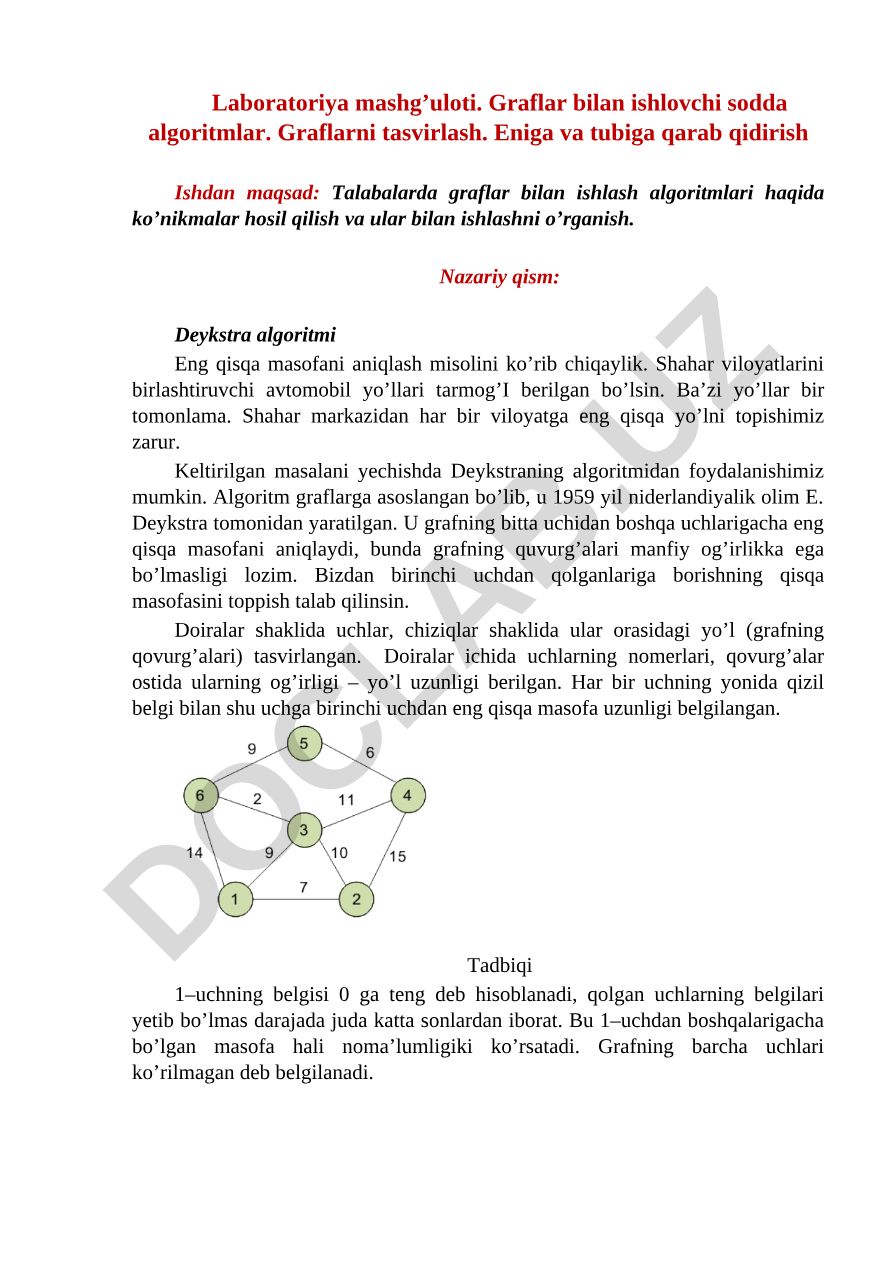 Graflar bilan ishlovchi sodda algoritmlar va Deykstra algoritmi