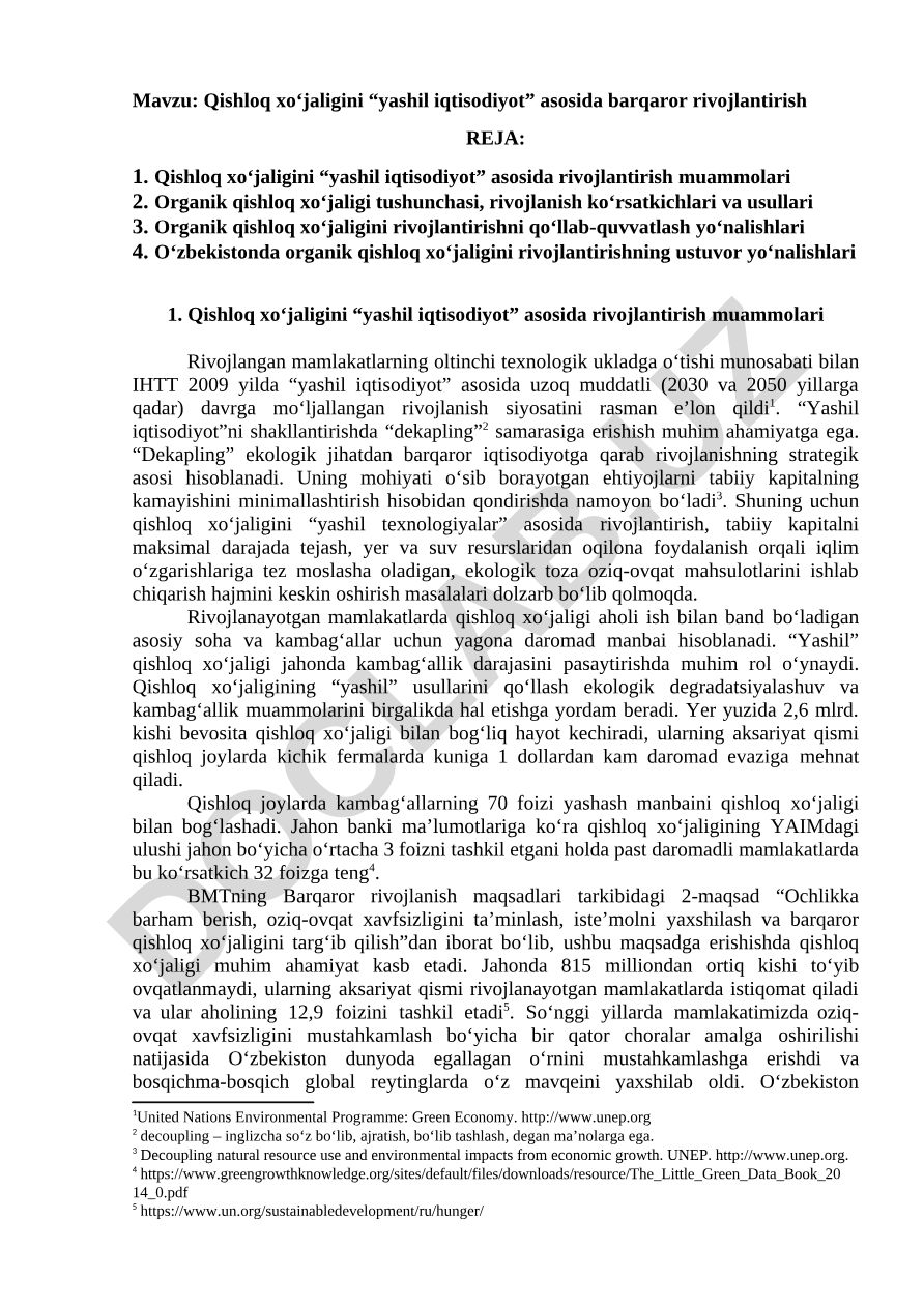 Qishloq xo‘jaligini “yashil iqtisodiyot” asosida barqaror rivojlantirish