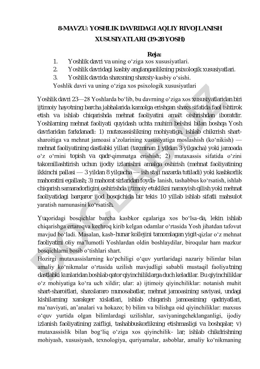 Yoshlik davridagi aqliy rivojlanish xususiyatlari (19-28 yosh)