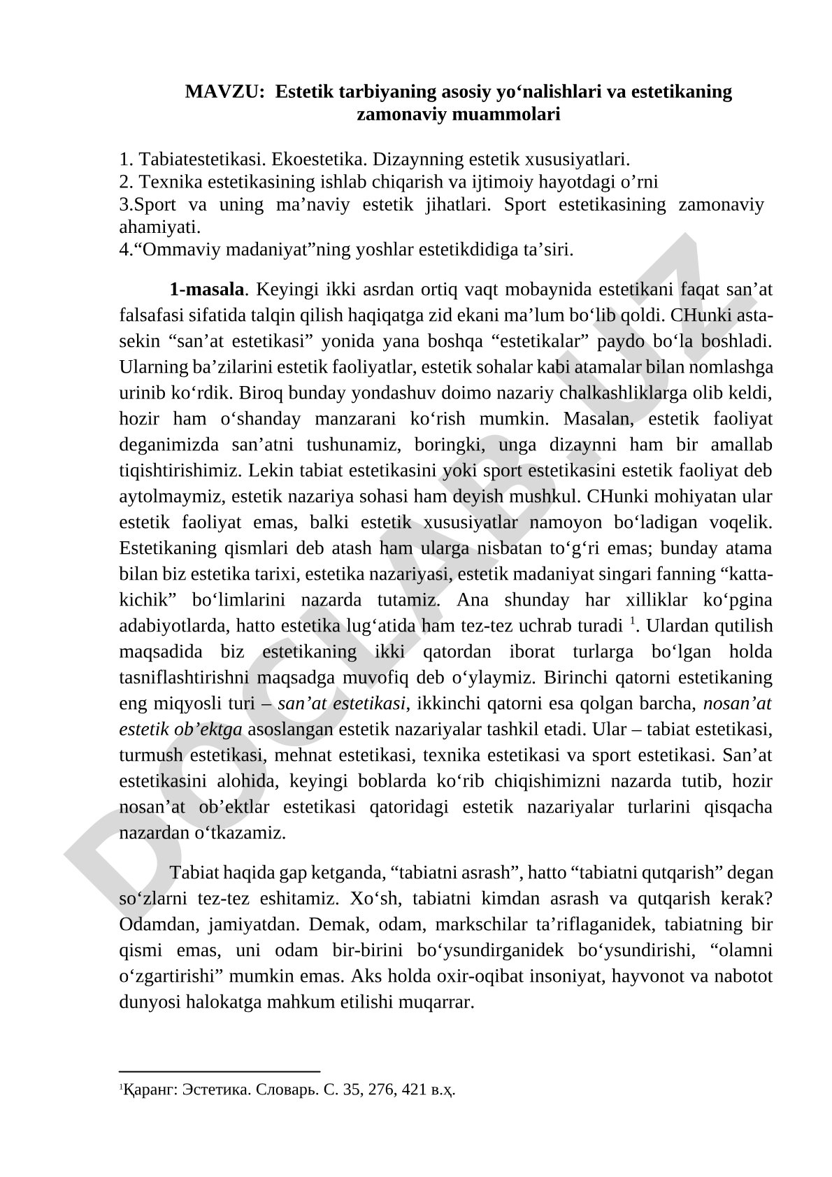 Estetik tarbiyaning asosiy yo‘nalishlari va estetikaning zamonaviy muammolari