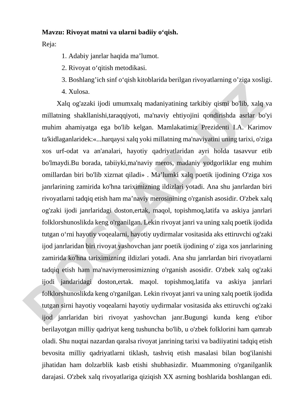 Rivoyat matni va ularni badiiy o‘qish