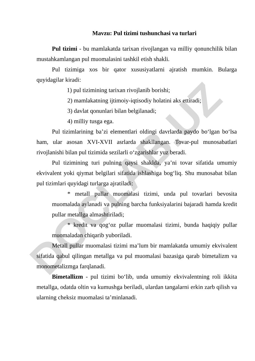 Pul tizimi tushunchasi va turlari