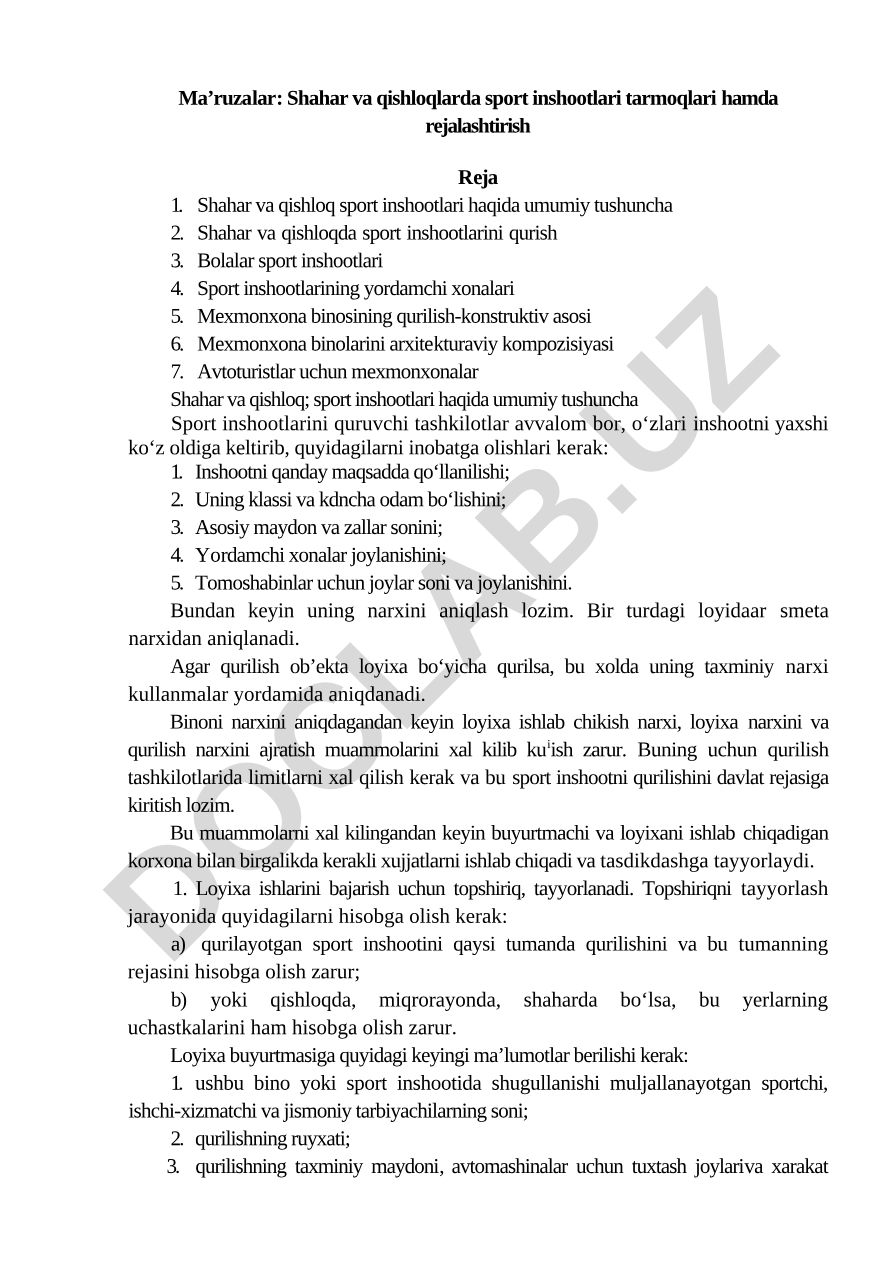 Shahar va qishloqlarda sport inshootlari tarmoqlari hamda rejalashtirish
