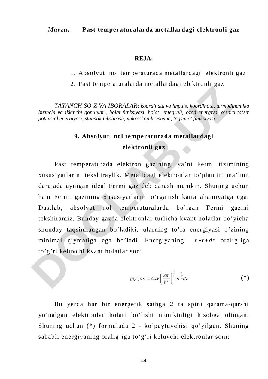 Past temperaturalarda metallardagi elektronli gaz