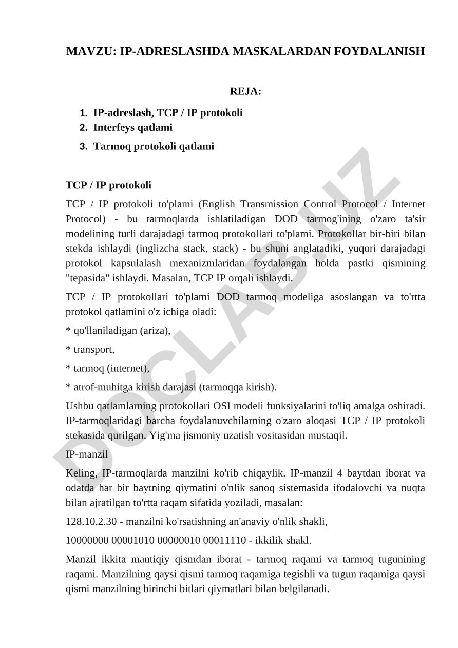 IP-ADRESLASHDA MASKALARDAN FOYDALANISH
