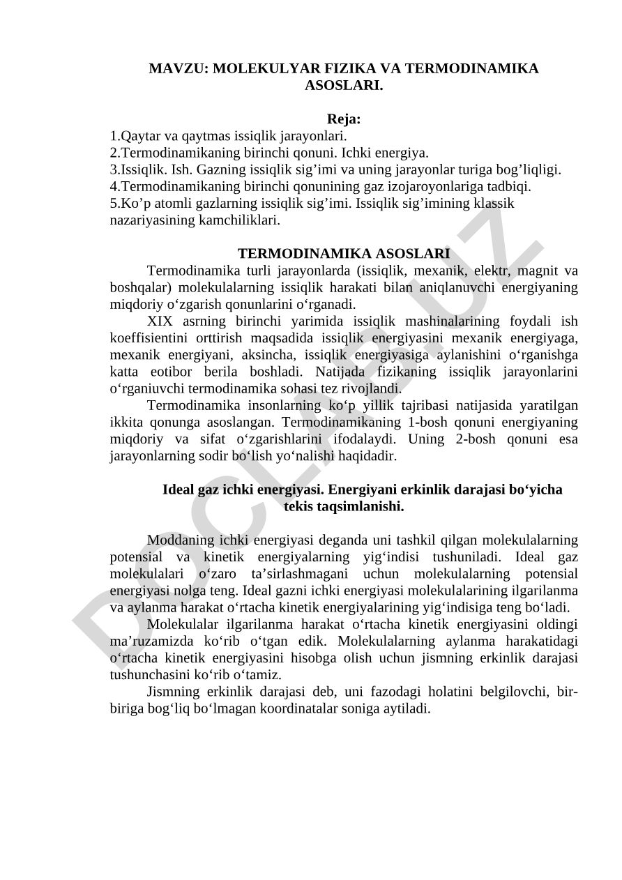 MOLEKULYAR FIZIKA VA TERMODINAMIKA ASOSLARI