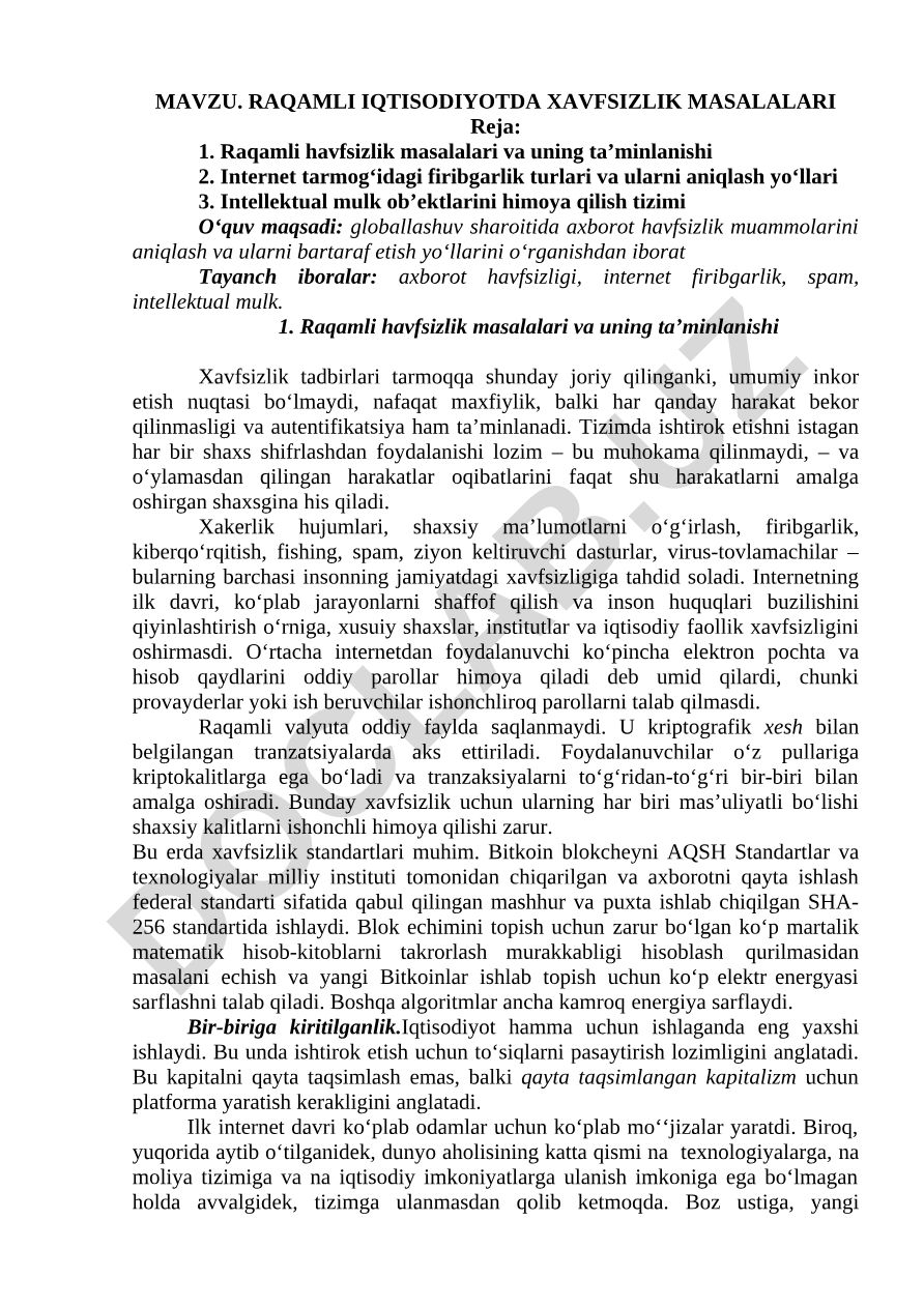 Raqamli iqtisodiyotda xavfsizlik masalalari