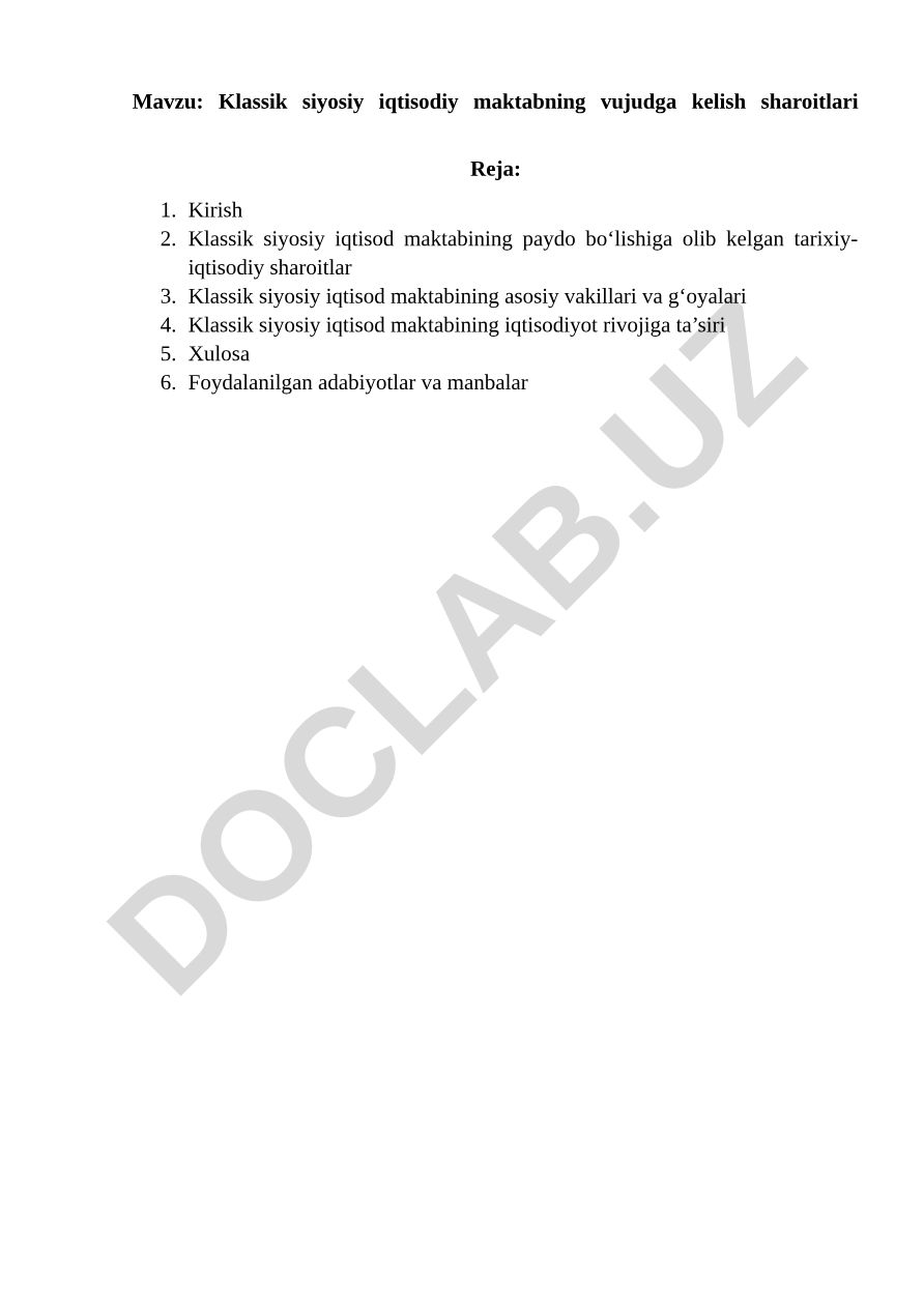 Klassik siyosiy iqtisodiy maktabning vujudga kelish sharoitlari