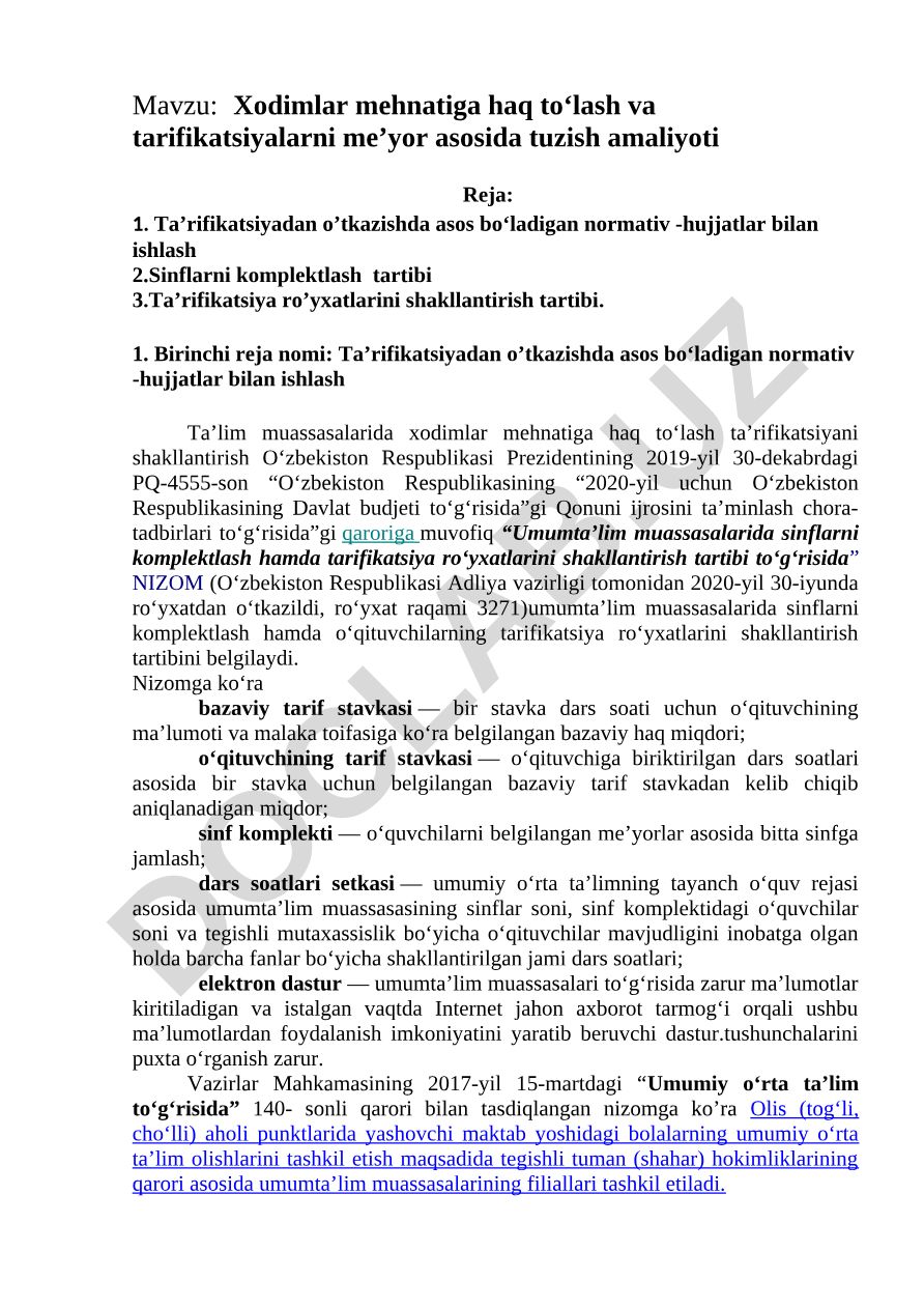 Xodimlar mehnatiga haq toʻlash va tarifikatsiyalarni meʼyor asosida tuzish amaliyoti