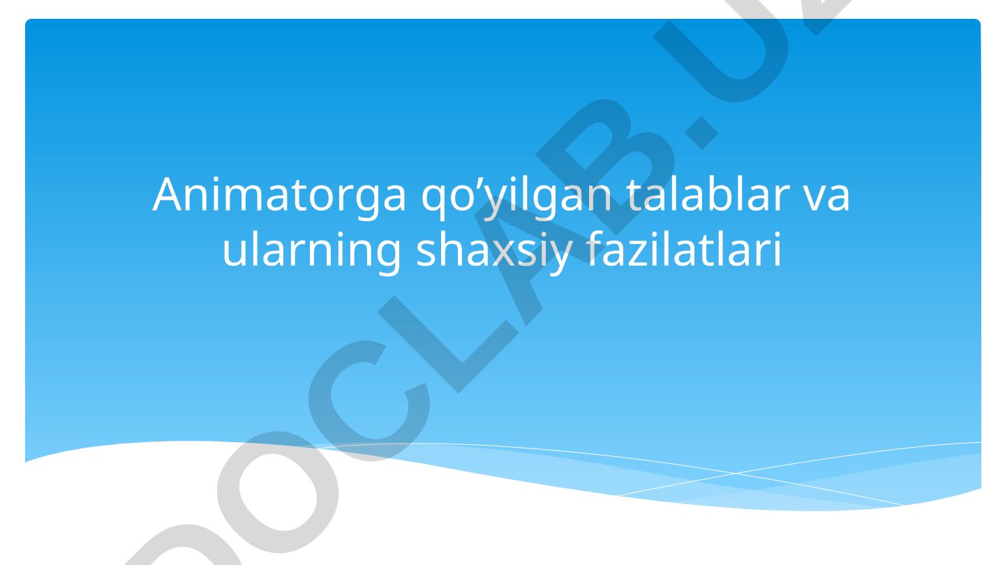 Animatorga qo'yilgan talablar va ularning shaxsiy fazilatlari