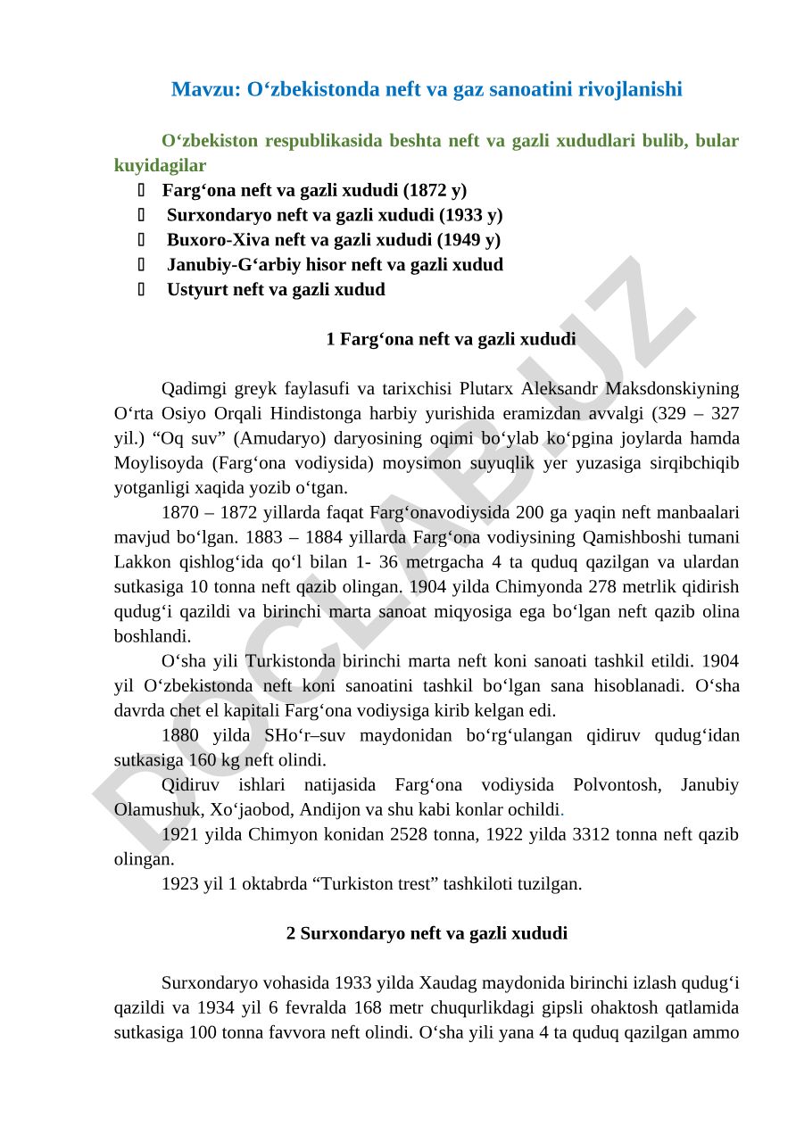 O‘zbekistonda neft va gaz sanoatini rivojlanishi