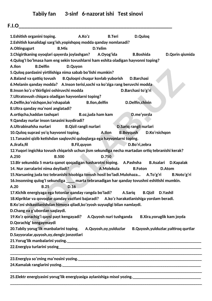 Tabiiy fan 3-sinf 6-nazorat ishi test sinovi
