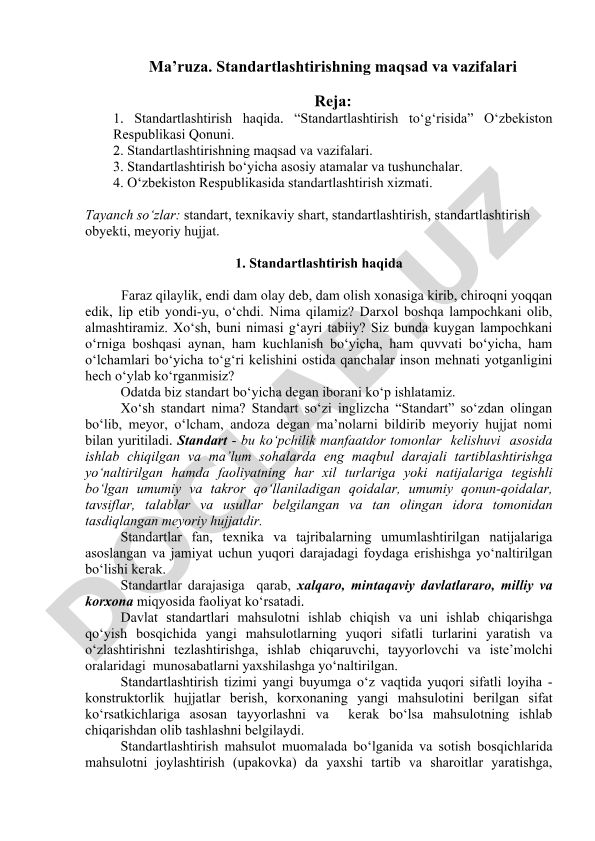 Standartlashtirishning maqsad va vazifalari