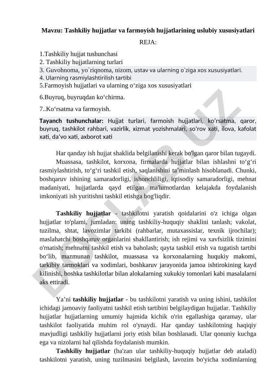 Tashkiliy hujjatlar va farmoyish hujjatlarining uslubiy xususiyatlari