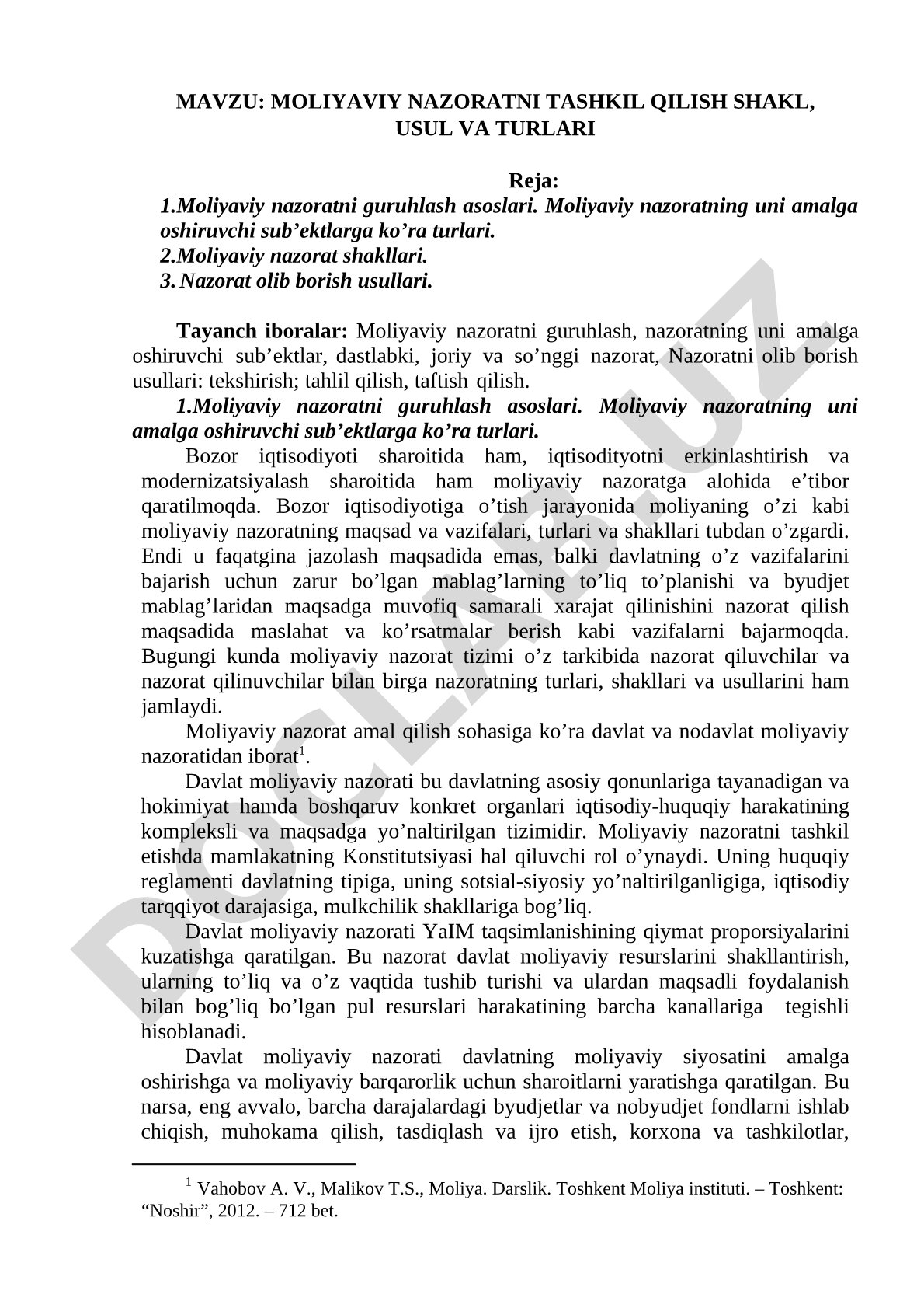 Moliyaviy nazoratni tashkil qilish shakl, usul va turlari