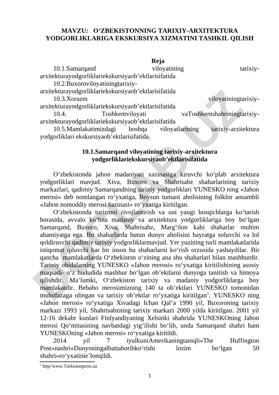 O‘zbekistonning tarixiy-arxitektura yodgorliklariga ekskursiya xizmatini tashkil qilish