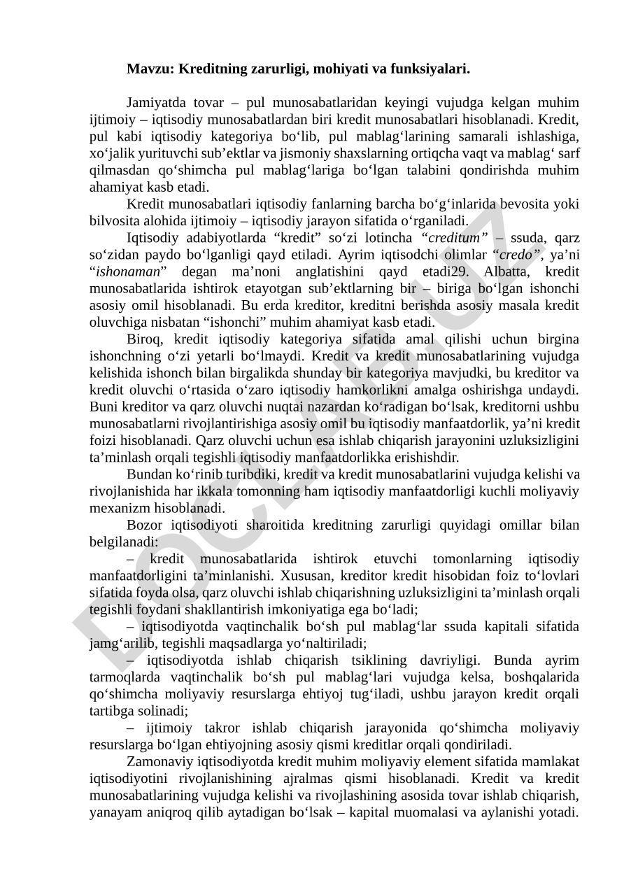 Kreditning zarurligi, mohiyati va funksiyalari