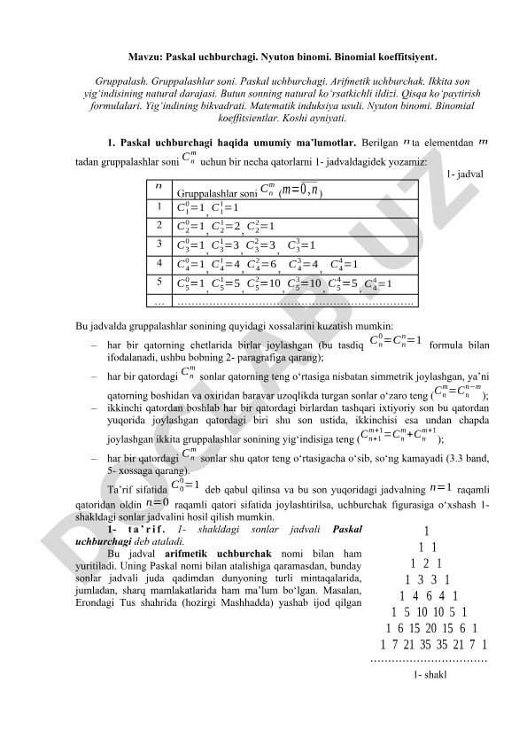 Paskal uchburchagi. Nyuton binomi. Binomial koeffitsiyent. Gruppalash