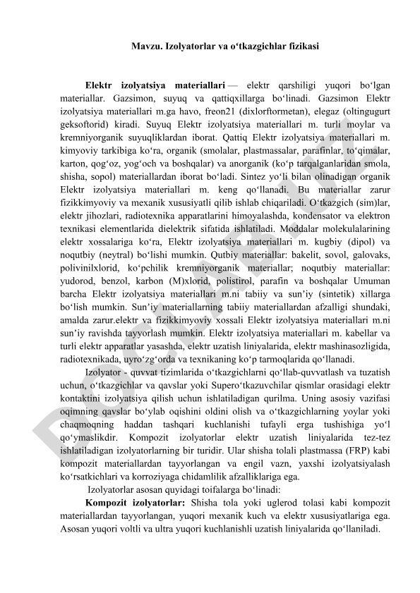 Izolyatorlar va oʻtkazgichlar fizikasi