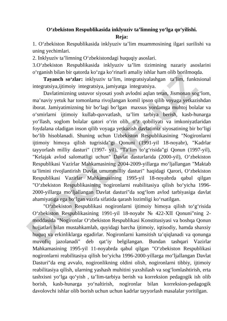 O‘zbekiston Respublikasida inklyuziv ta’limning yo‘lga qo‘yilishi