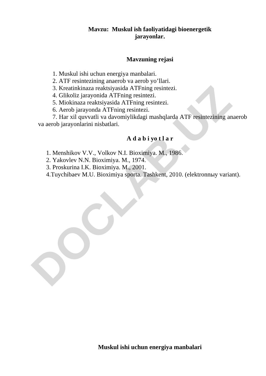 Muskul ish faoliyatidagi bioenergetik jarayonlar