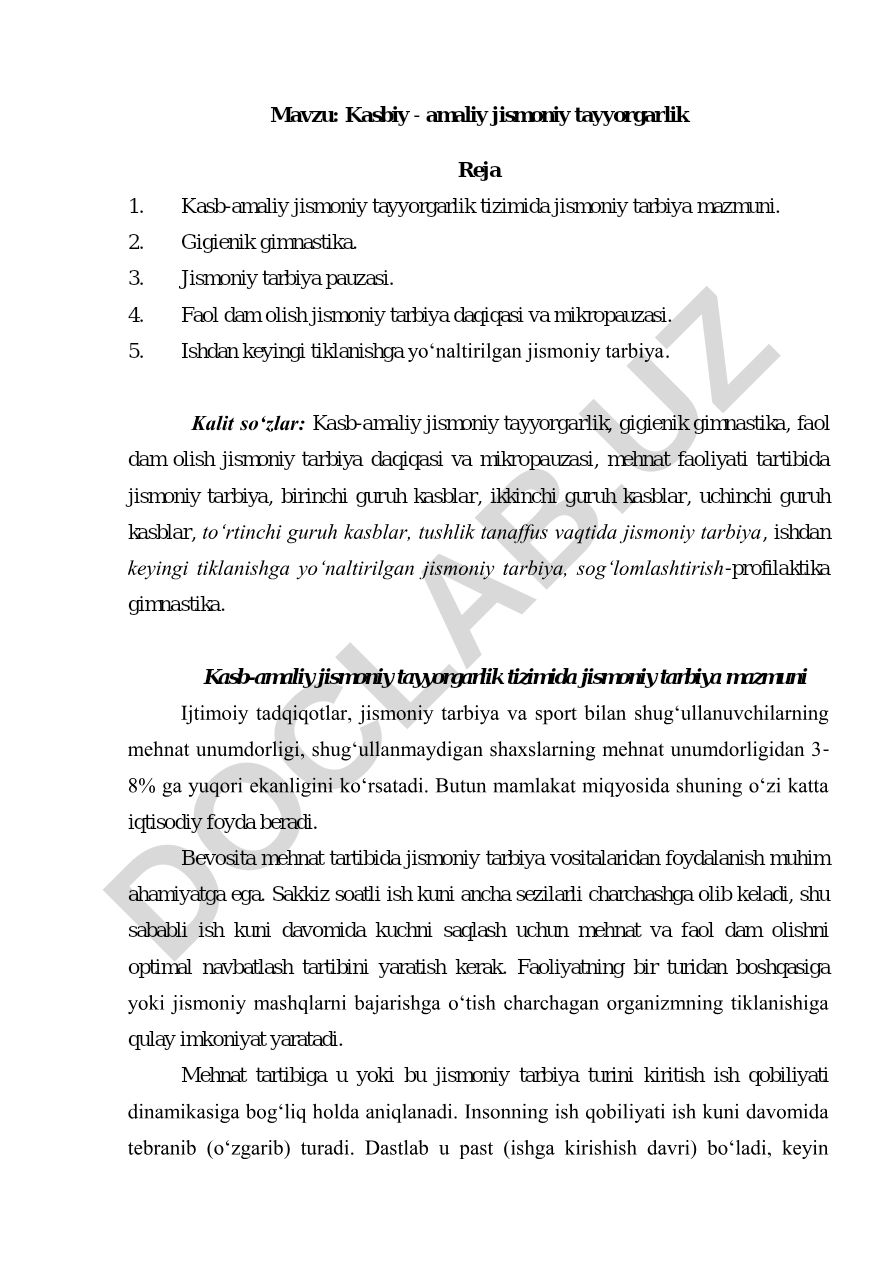 Kasbiy - amaliy jismoniy tayyorgarlik Reja