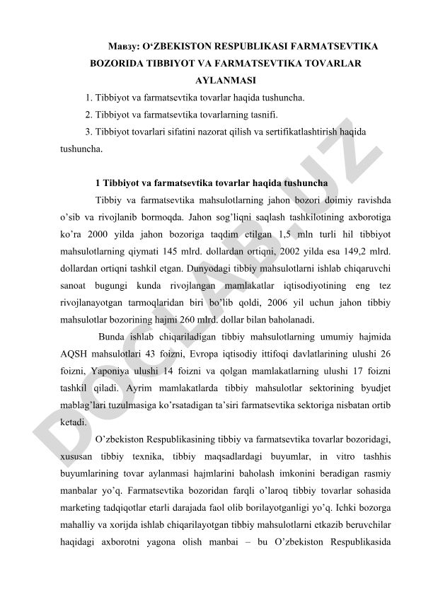 O‘zbekiston Respublikasi farmatsevtika bozorida tibbiyot va farmatsevtika tovarlari aylanmasi