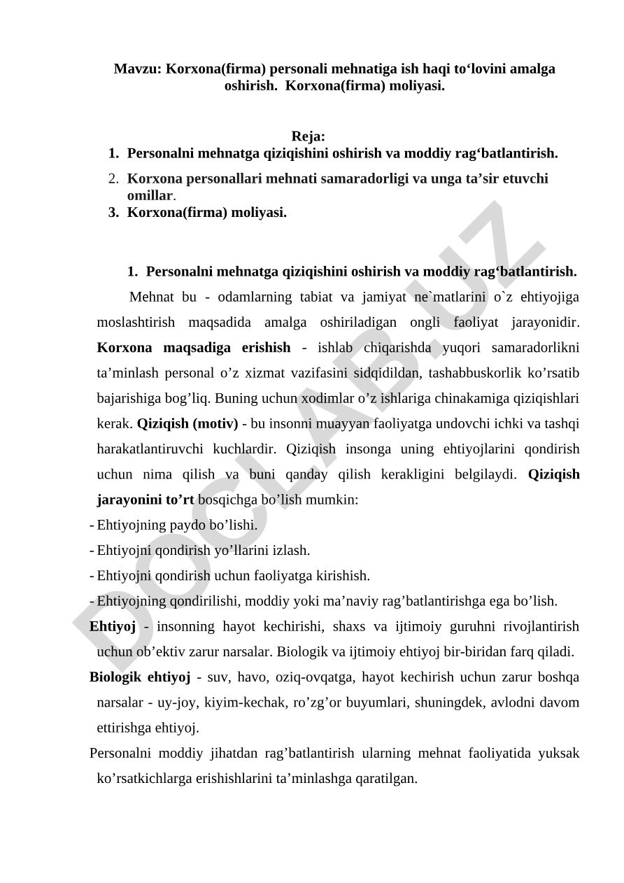 Korxona personali mehnatiga ish haqi to‘lovini amalga oshirish va moliyasi