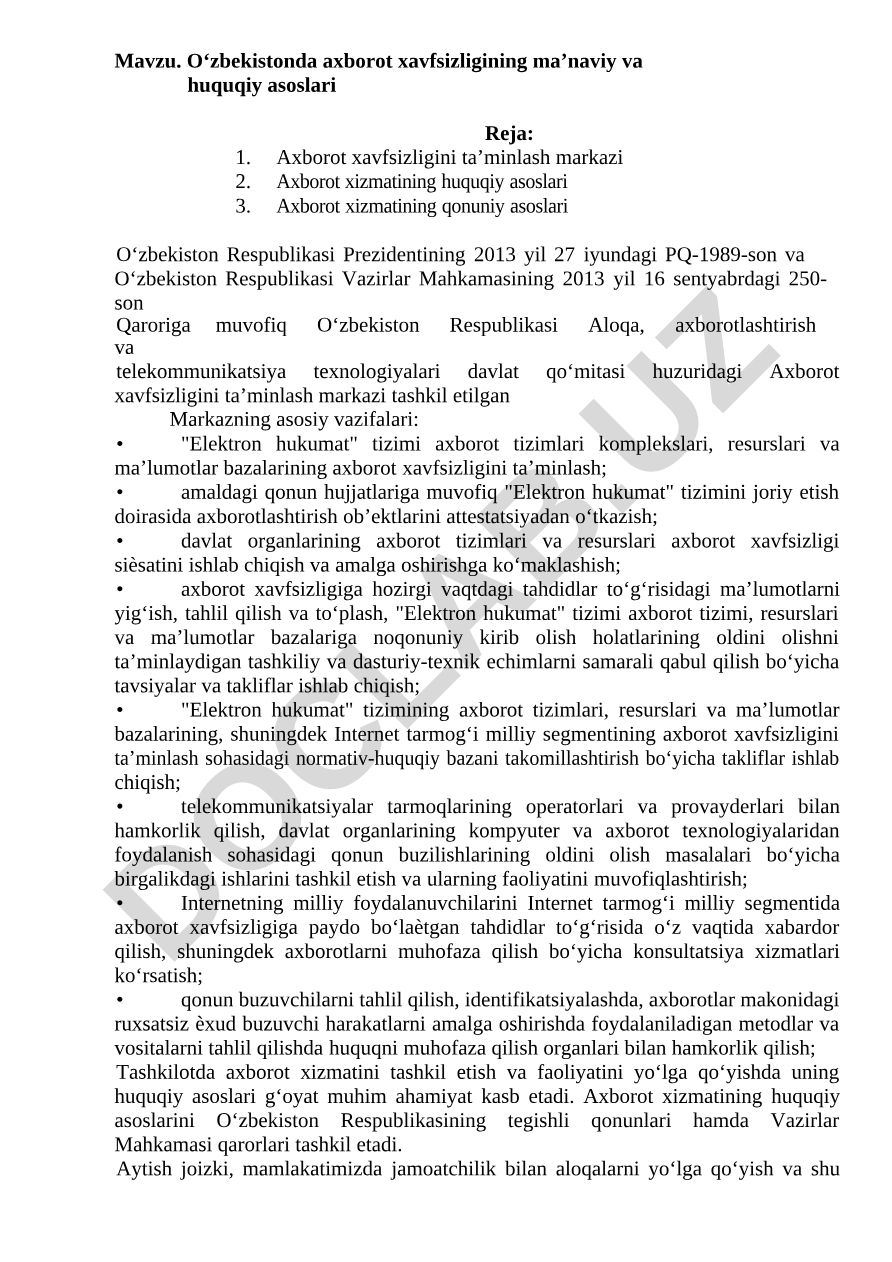 O‘zbekistonda axborot xavfsizligining ma’naviy va huquqiy asoslari
