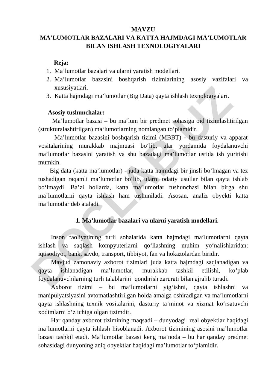 Ma’lumotlar bazalari va katta hajmdagi ma’lumotlar bilan ishlash texnologiyalari