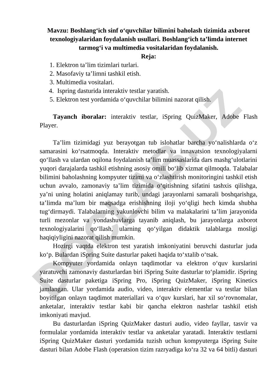 Boshlang‘ich sinf o‘quvchilar bilimini baholash tizimida axborot texnologiyalaridan foydalanish usullari