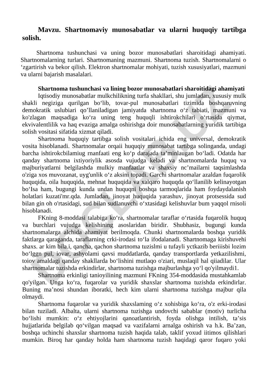 Shartnomaviy munosabatlar va ularni huquqiy tartibga solish