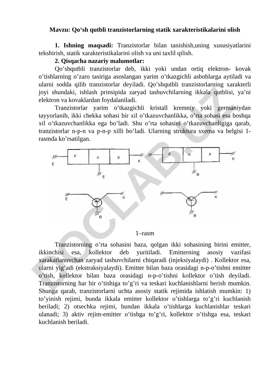 Qo‘sh qutbli tranzistorlarning statik xarakteristikalarini olish