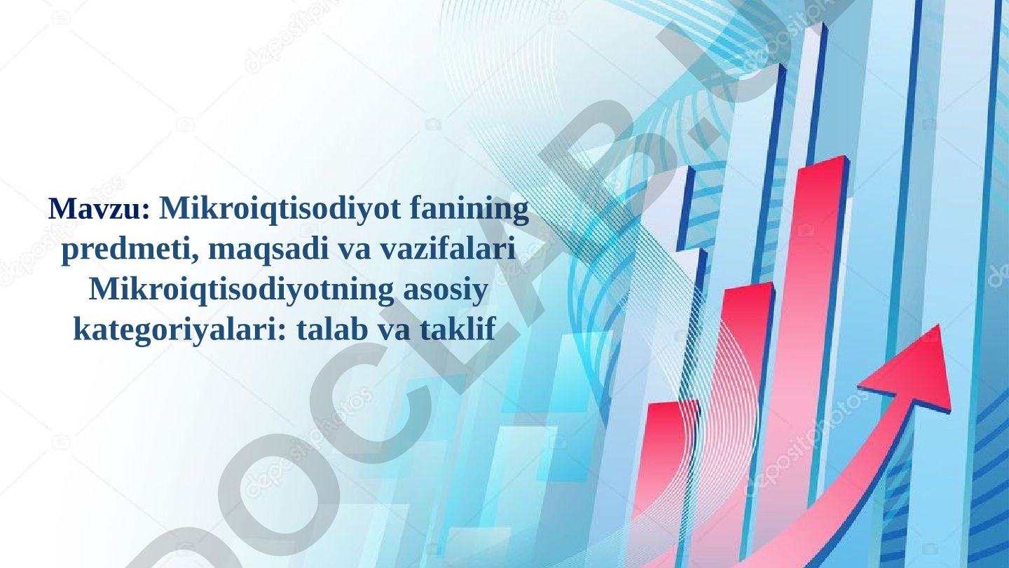 Mikroiqtisodiyot fanining predmeti, maqsadi va vazifalari. Mikroiqtisodiyotning asosiy kategoriyalari: talab va taklif