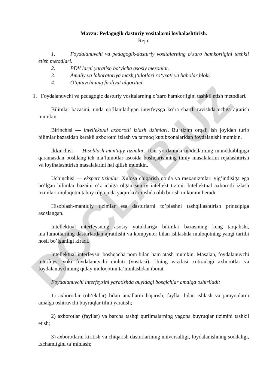 Pedagogik dasturiy vositalarni loyihalashtirish