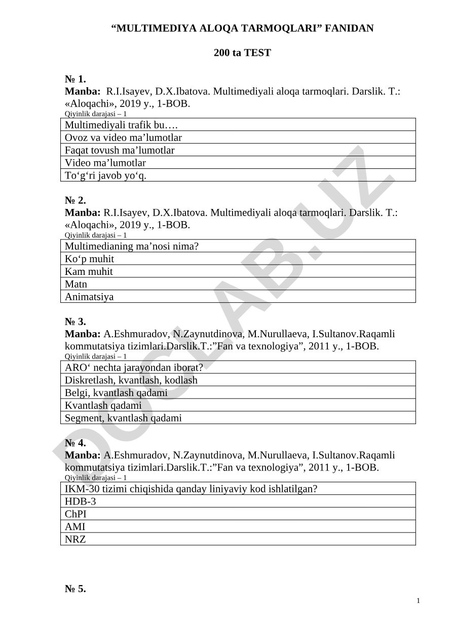 Multimediyali aloqa tarmoqlari va raqamli kommutatsiya tizimlari testlari